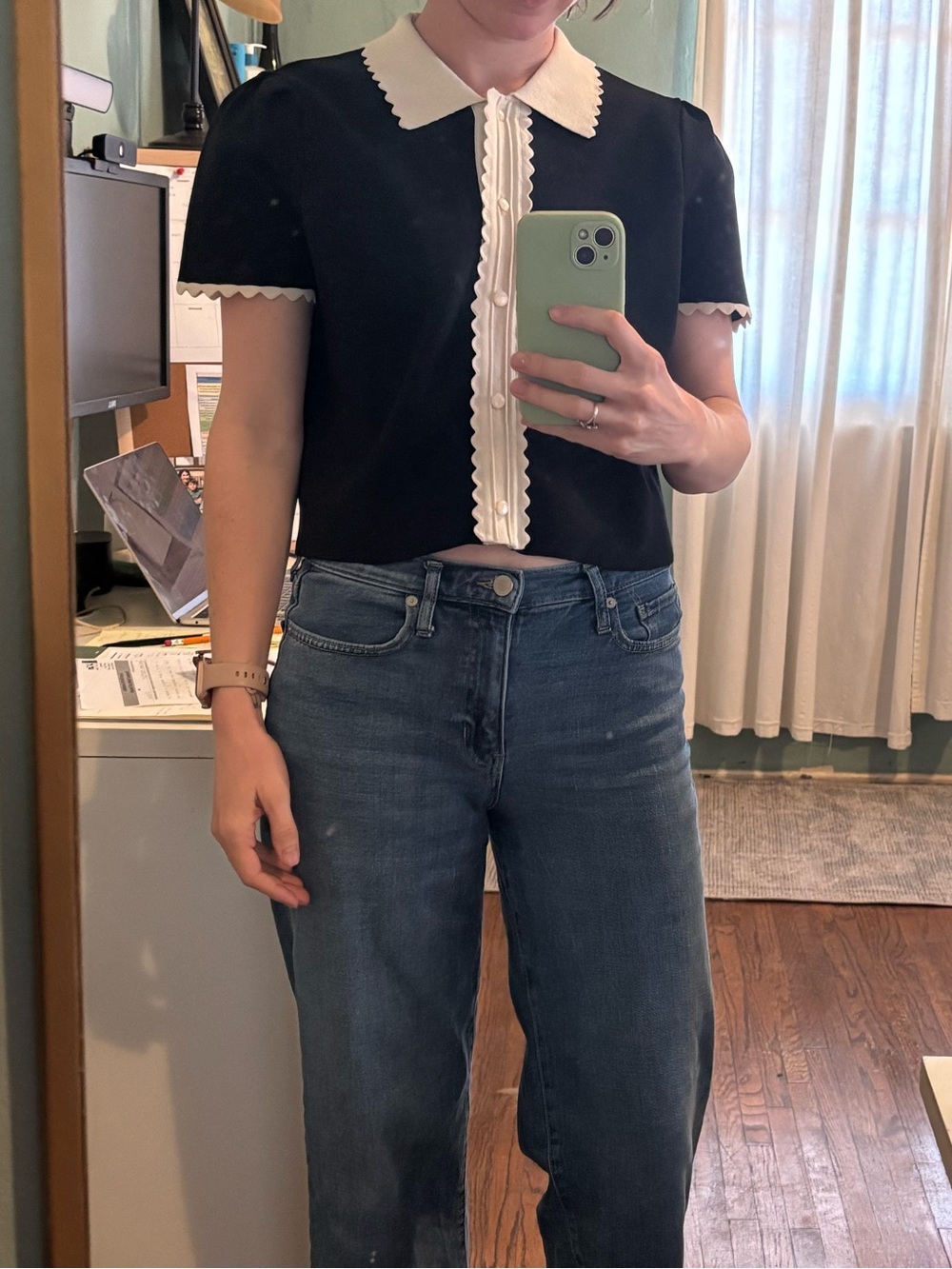 Express Black Short Sleeve Button-Down Top with Cream Scalloped Trim - Picture 3 of 3